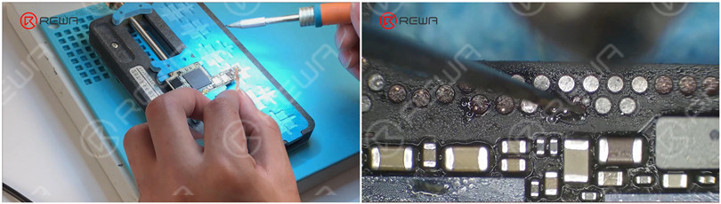 Attach the logic board to the holder and remove tin on the bonding pad with Soldering Iron at 365 °C and Solder Wick.